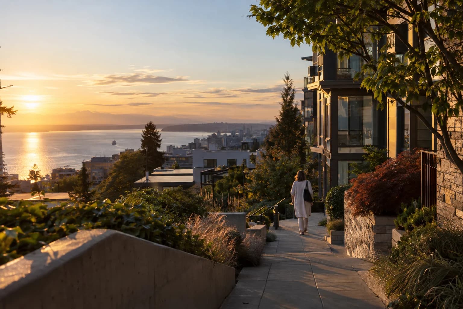 Urban high-rise street approach framed by trees and stone in Seattle — RexMont Real Estate