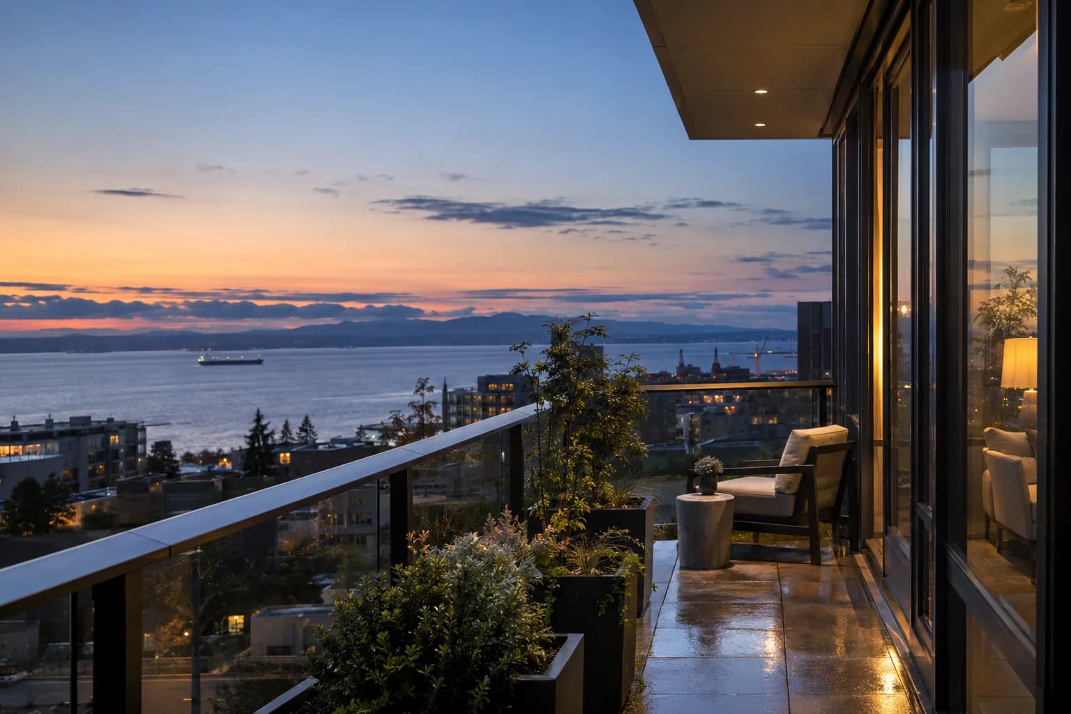 Private balcony detail with planters and a modest geographically correct view, not a broad lakefront terrace in Seattle — RexMont Real Estate