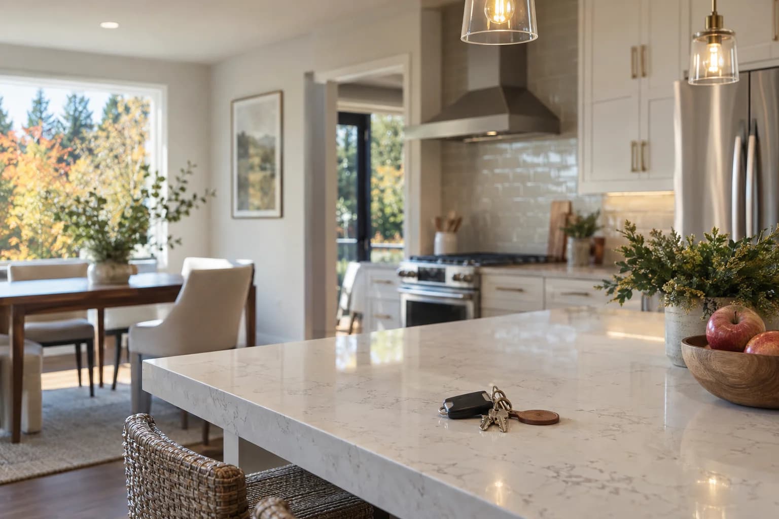 Bright neutral kitchen leasing moment, keys on a quartz counter, rental-ready home in Bothell — RexMont Real Estate