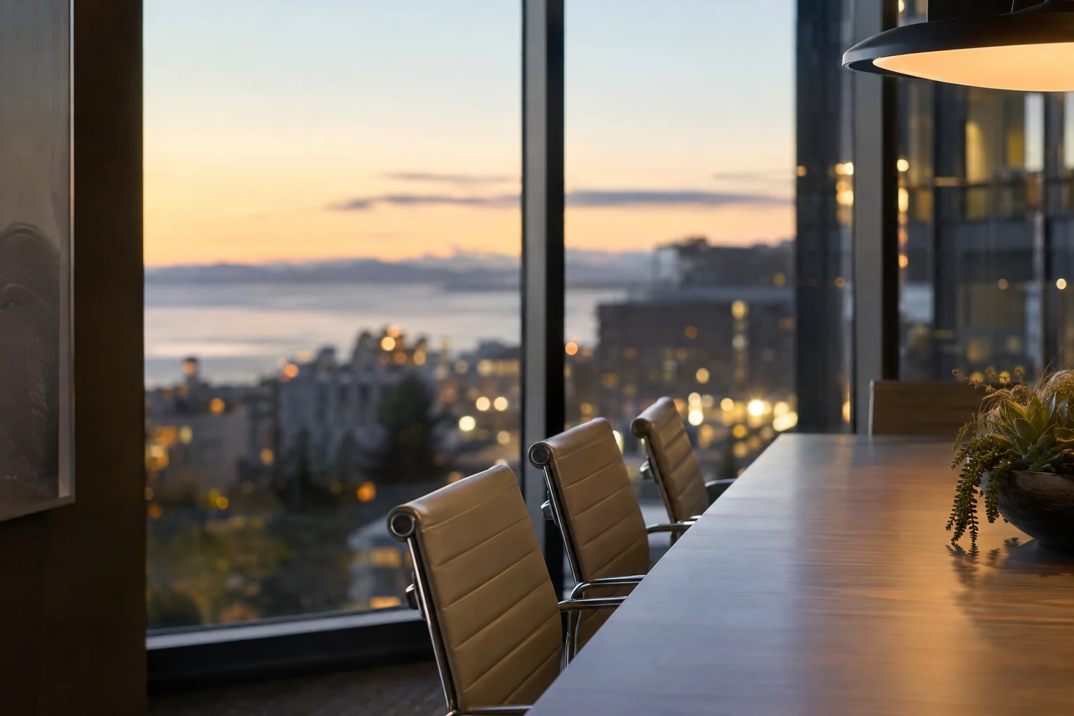Conference-room detail with city light bokeh abstracted through glass in Seattle — RexMont Real Estate