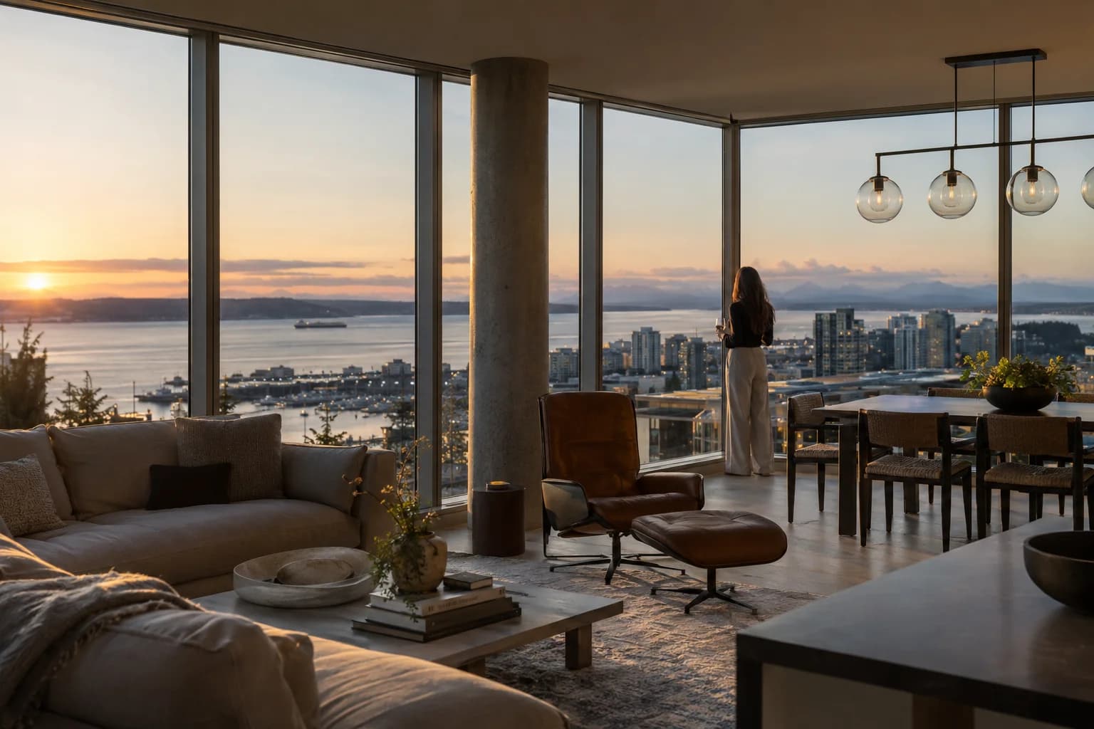 Glass corner-unit interior with refined furniture and abstract city lights in Seattle — RexMont Real Estate