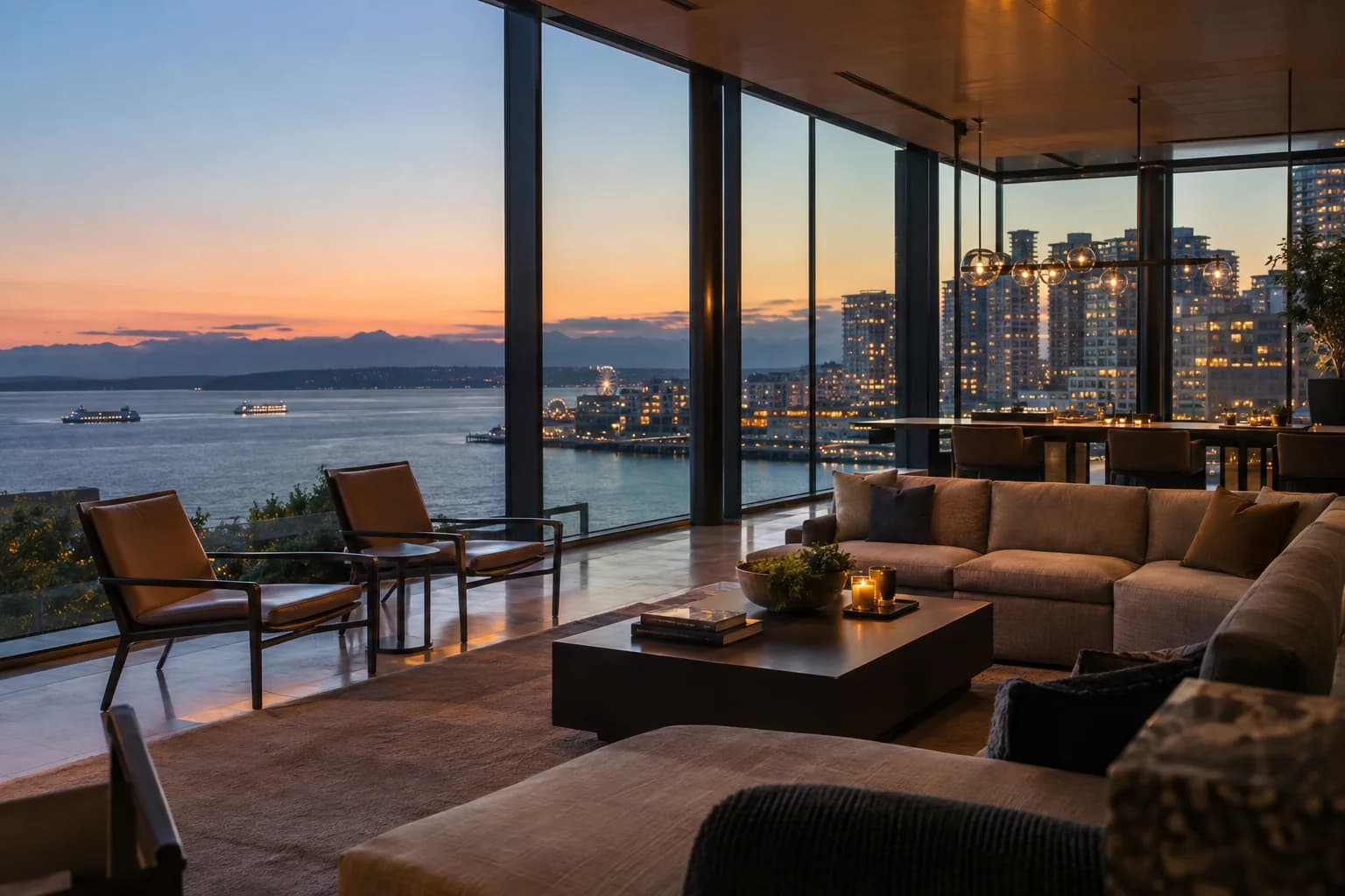Amenity lounge with window wall and restrained city context in Seattle — RexMont Real Estate