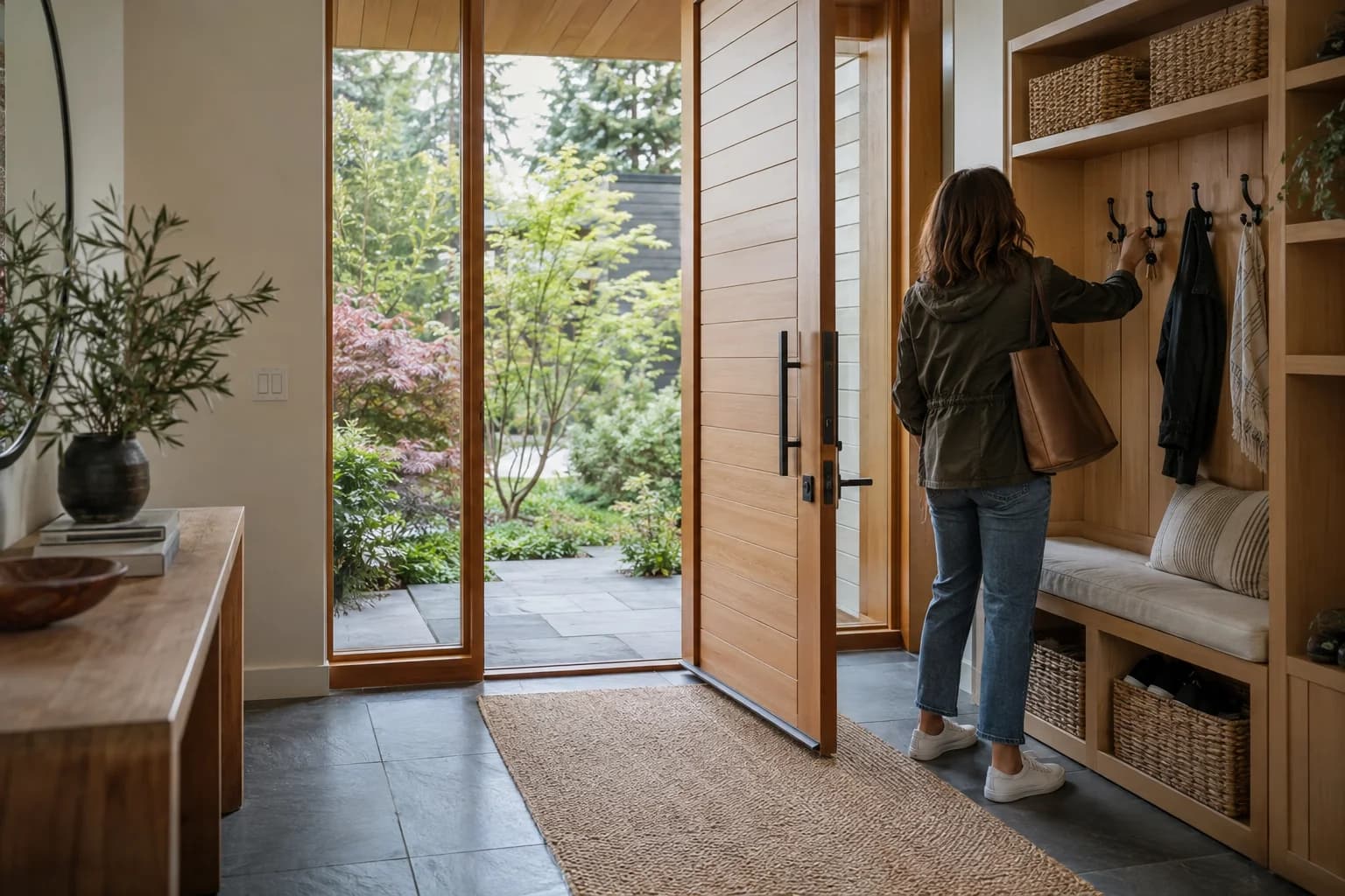 Homeowner interior moment: organized mudroom, keys, natural wood, garden outside in Eastside — RexMont Real Estate