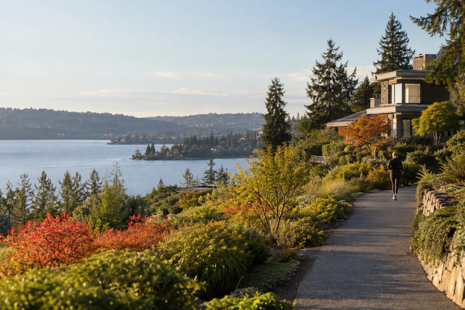 Quiet trail-edge Eastside neighborhood morning, one distant jogger — RexMont Real Estate