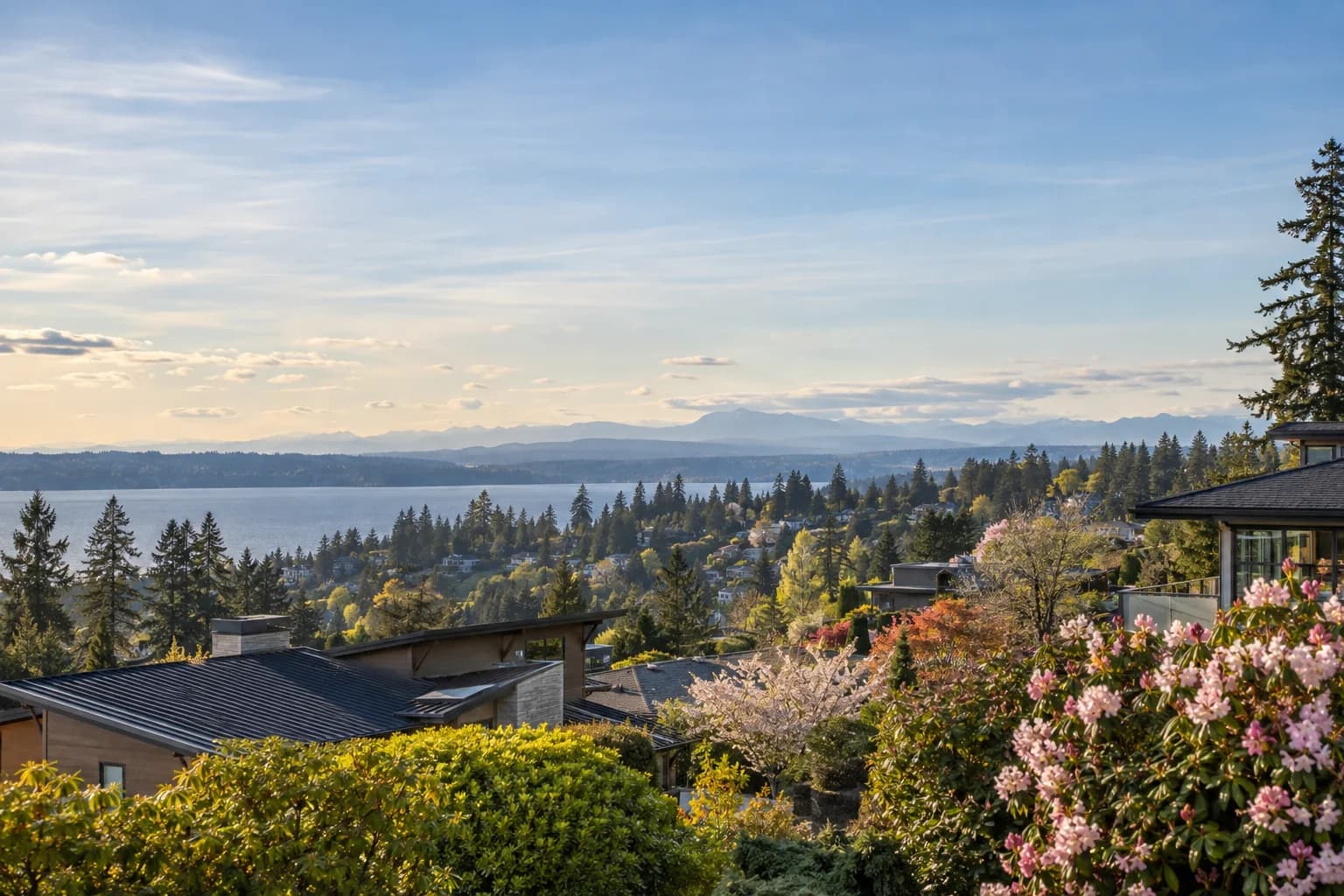 Regional Eastside neighborhood establishing shot with evergreen hills and residential rooftops — RexMont Real Estate