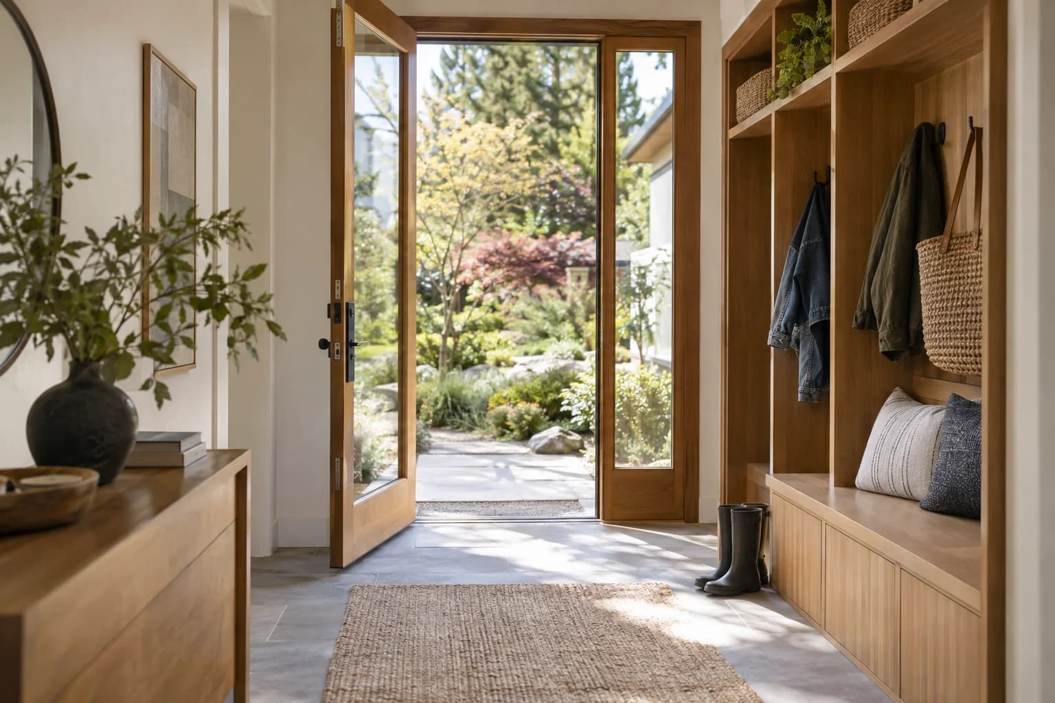 Homeowner interior moment: organized mudroom, keys, natural wood, garden outside in Eastside — RexMont Real Estate