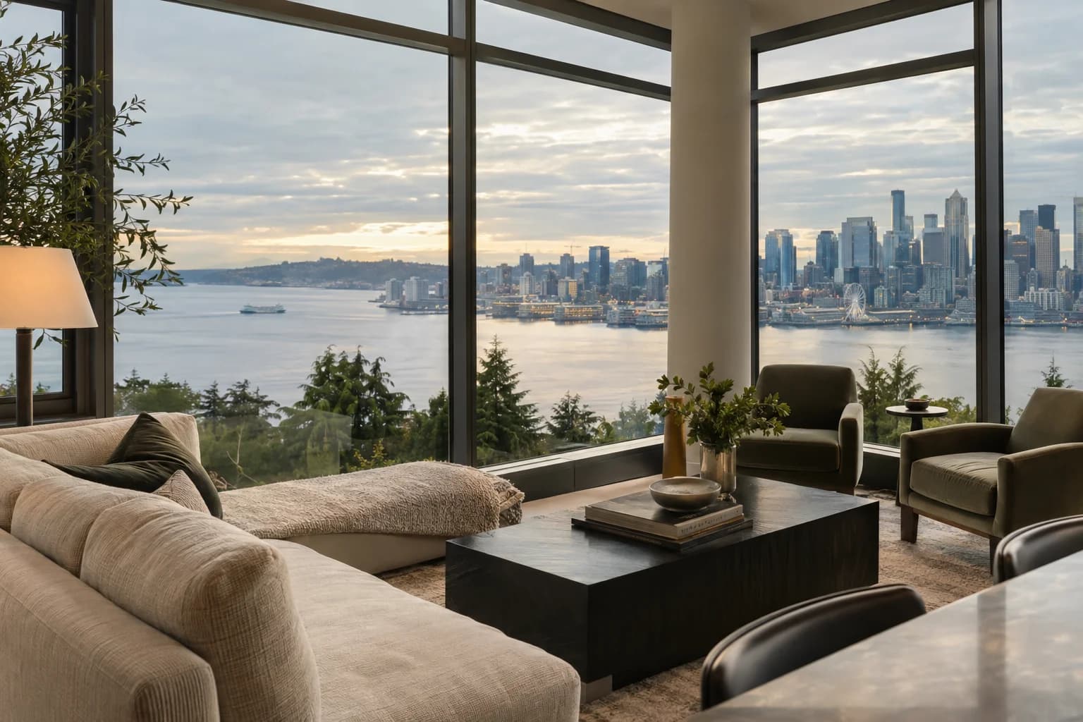Glass corner-unit interior with refined furniture and abstract city lights in Seattle — RexMont Real Estate