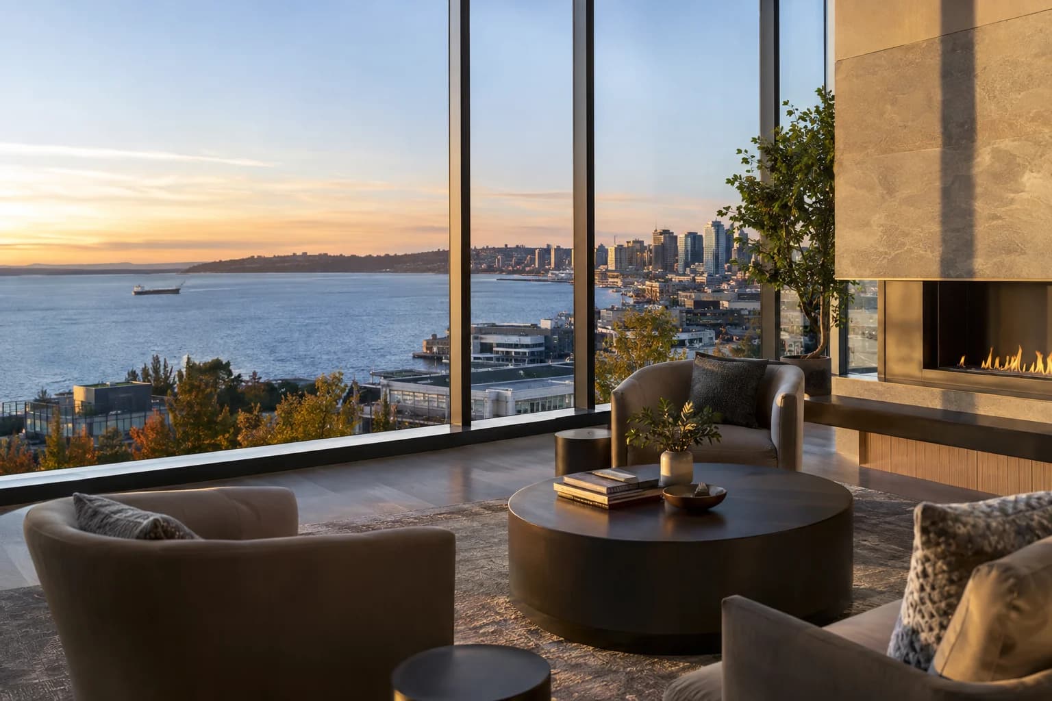 Amenity lounge with window wall and restrained city context in Seattle — RexMont Real Estate