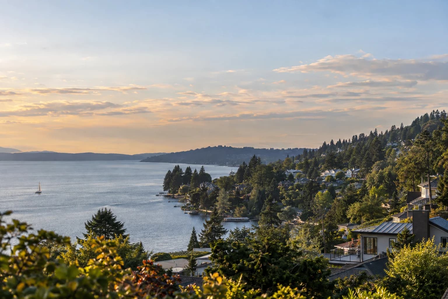 Regional Eastside neighborhood establishing shot with evergreen hills and residential rooftops in Seattle — RexMont Real Estate