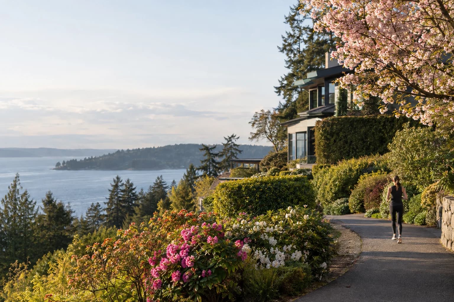 Quiet trail-edge Eastside neighborhood morning, one distant jogger in Seattle — RexMont Real Estate