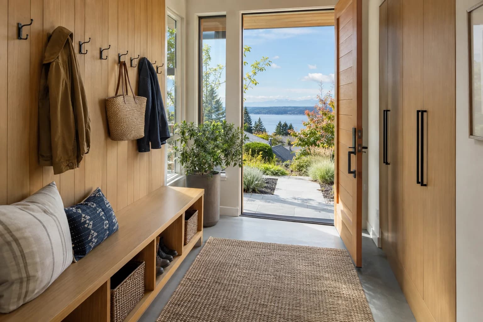 Homeowner interior moment: organized mudroom, keys, natural wood, garden outside in Seattle — RexMont Real Estate