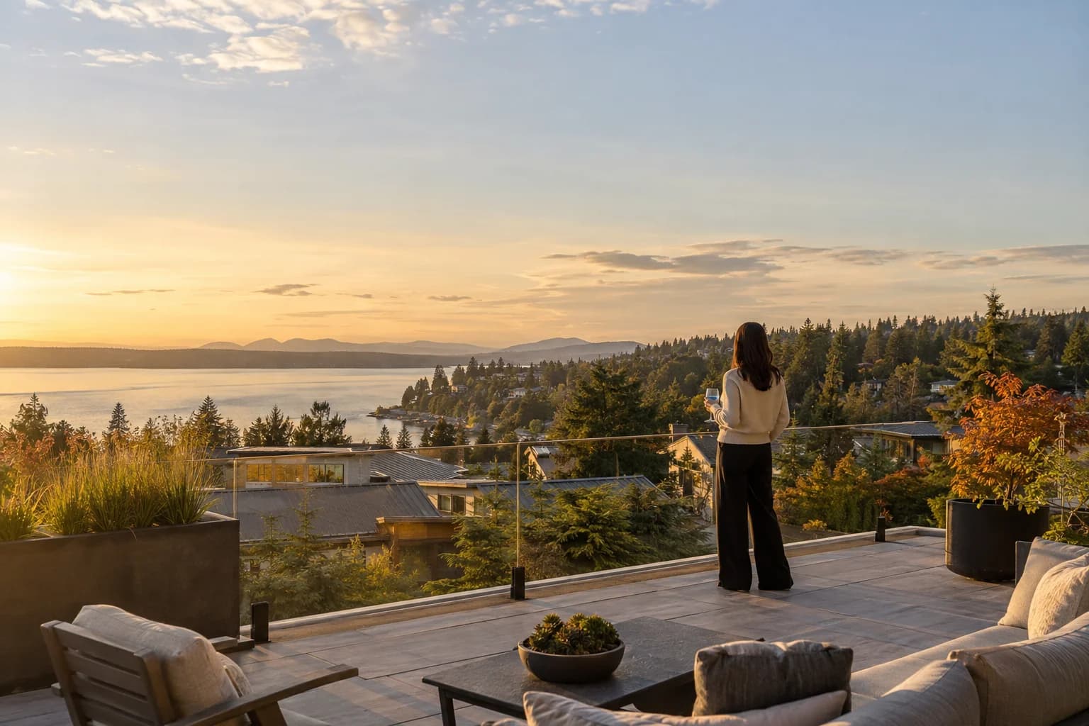 Regional Eastside neighborhood establishing shot with evergreen hills and residential rooftops — RexMont Real Estate