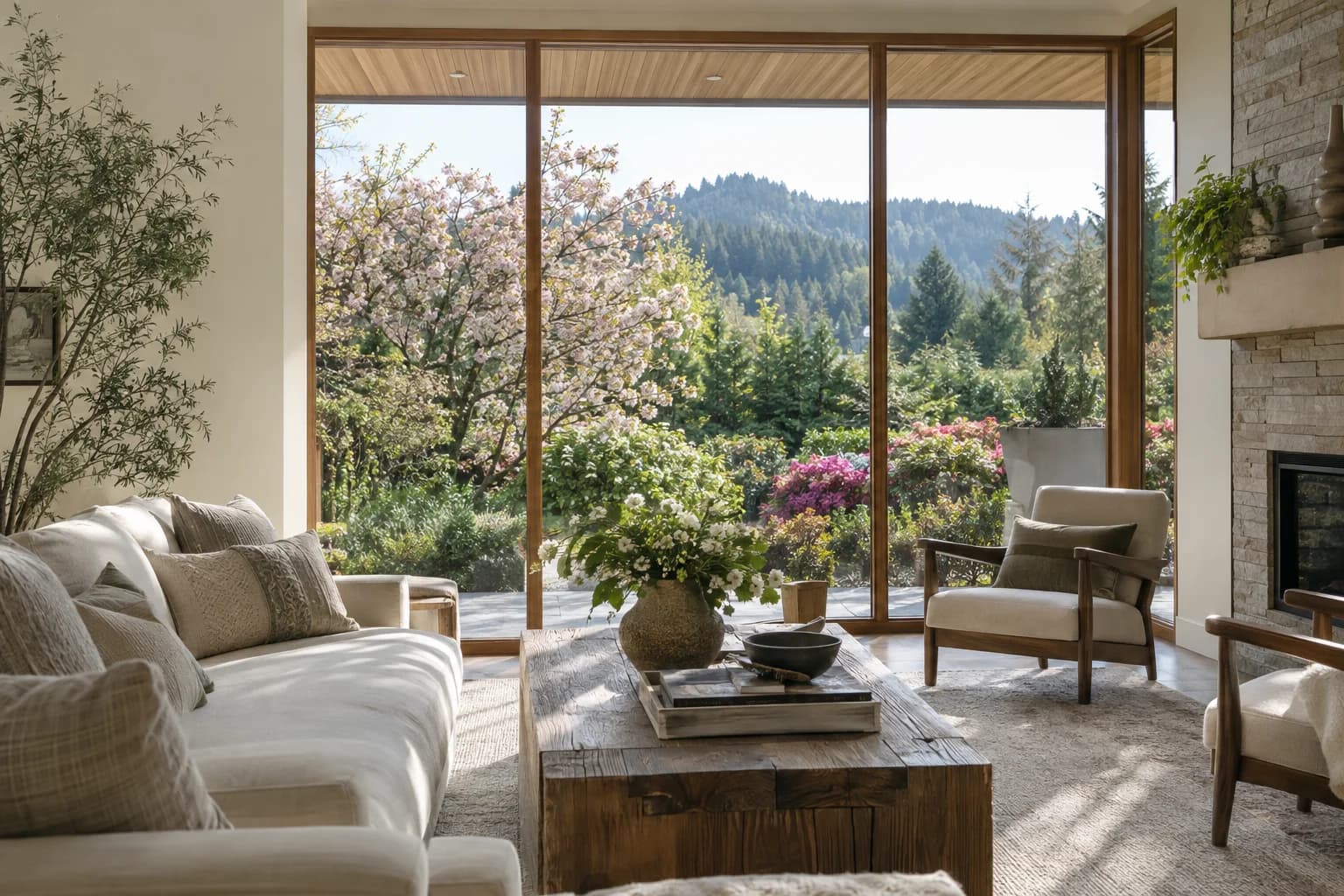 Soft morning living room looking toward a private garden in Issaquah — RexMont Real Estate