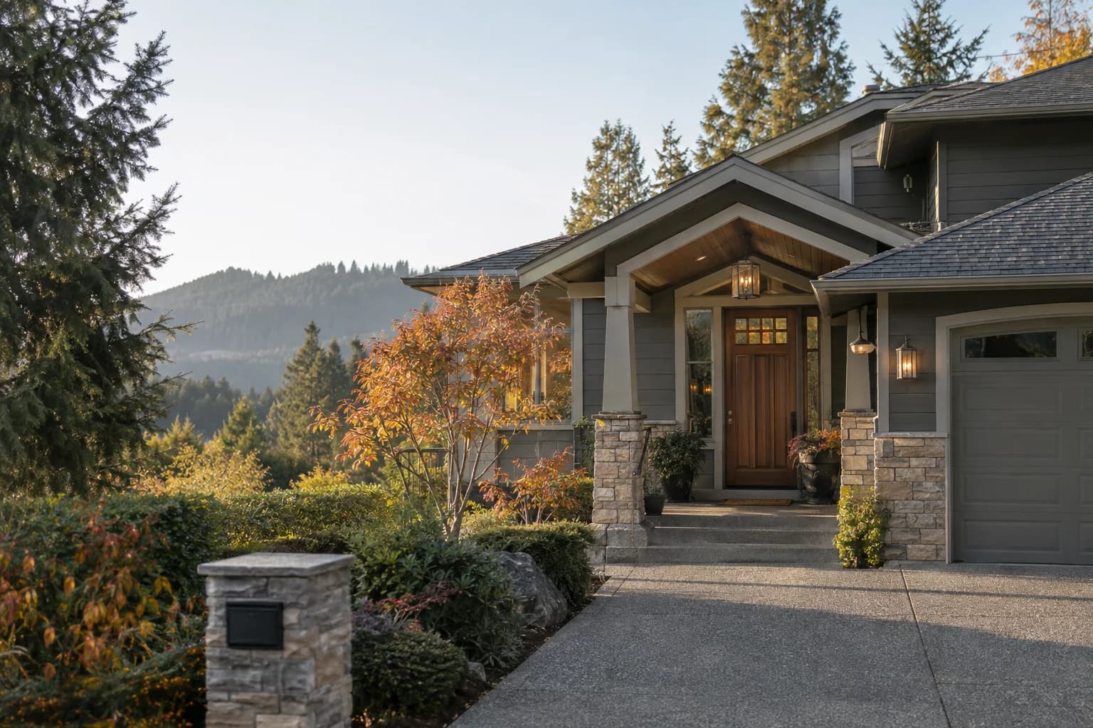 Tidy single-family rental entry with mailbox cropped unreadable, autumn plantings in Issaquah — RexMont Real Estate