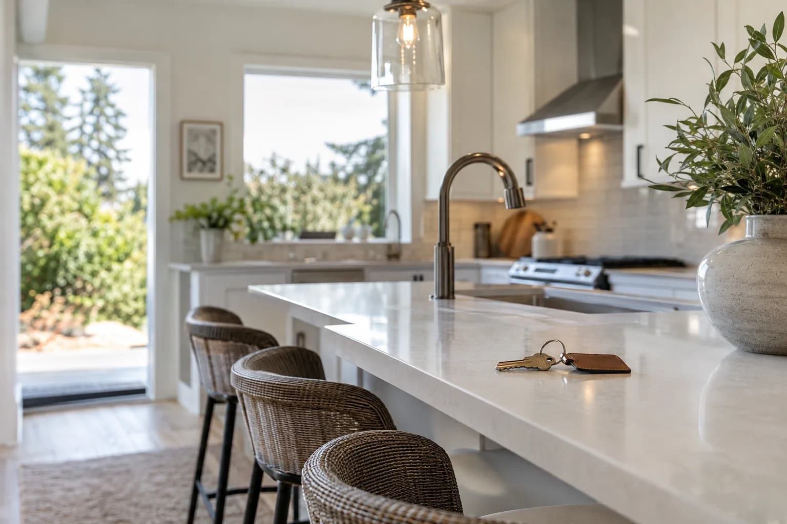 Bright neutral kitchen leasing moment, keys on a quartz counter, rental-ready home in Kirkland — RexMont Real Estate
