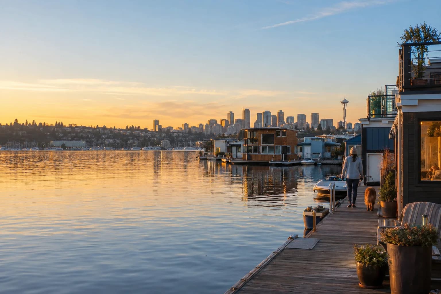 Lake Union floating homes and houseboats at blue hour, southwest view across water toward Queen Anne and Seattle skyline in the correct distance — RexMont Real Estate