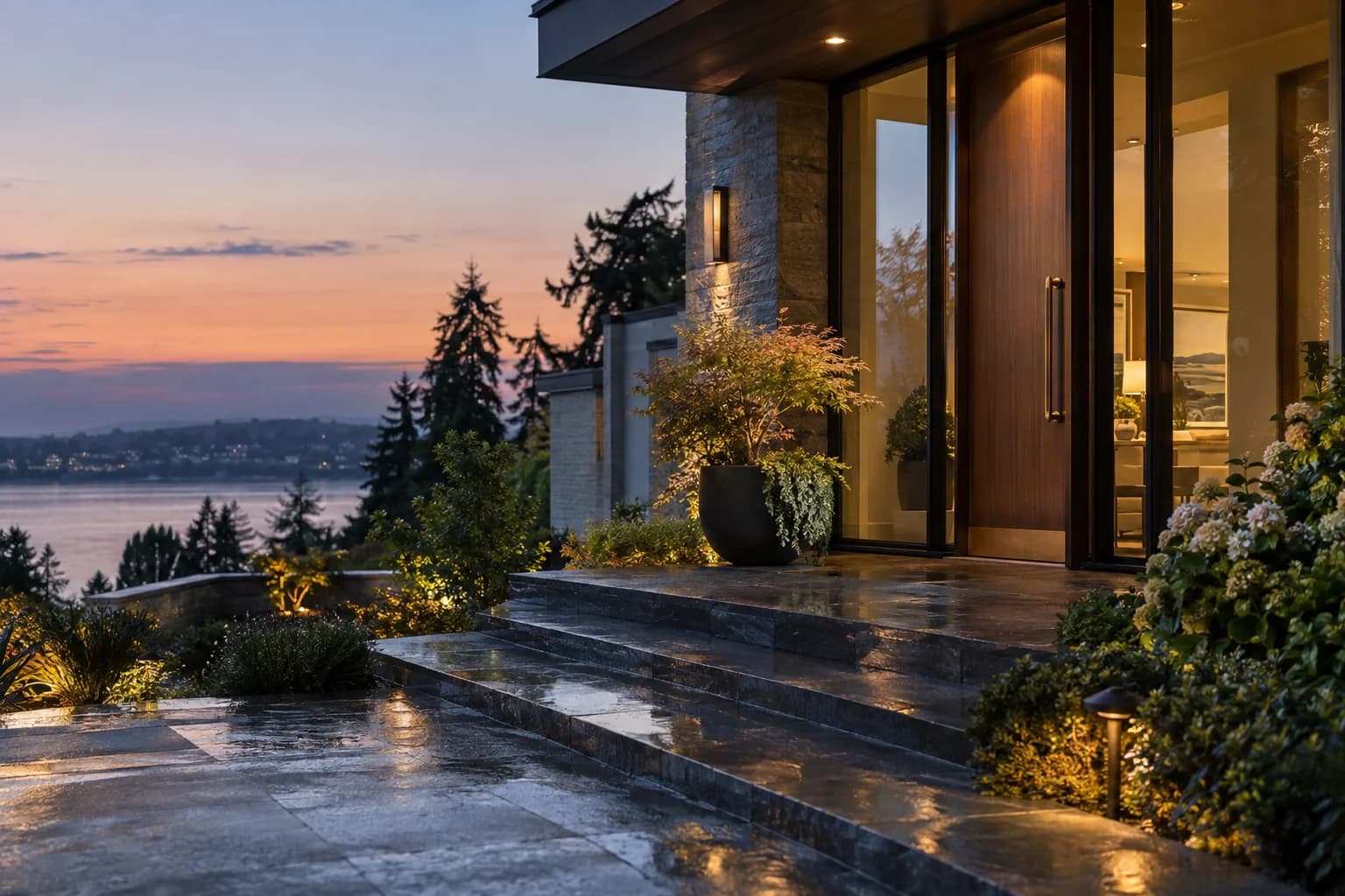 Close architectural entry detail with brass hardware, rain on slate steps in Medina — RexMont Real Estate
