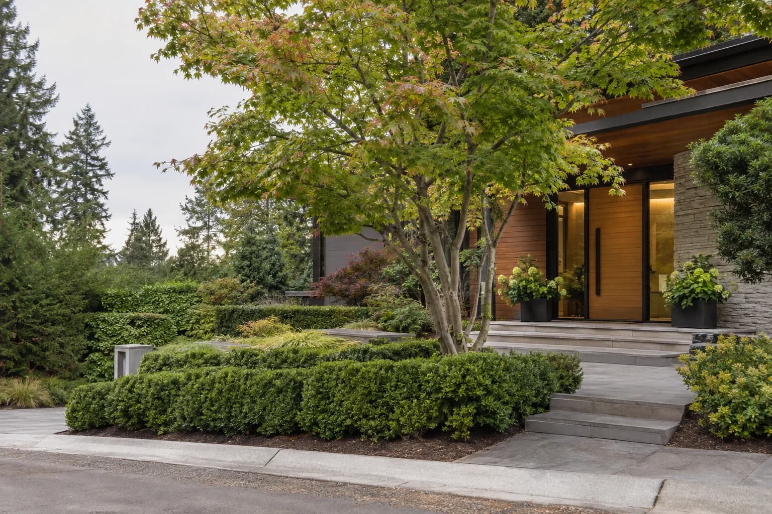 Quiet affluent residential street with a refined front entry and mature hedges in Mercer Island — RexMont Real Estate
