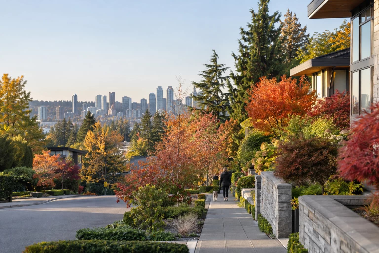 Tree-lined urban neighborhood with one distant adult walking away, office towers only abstract and far in Bellevue — RexMont Real Estate
