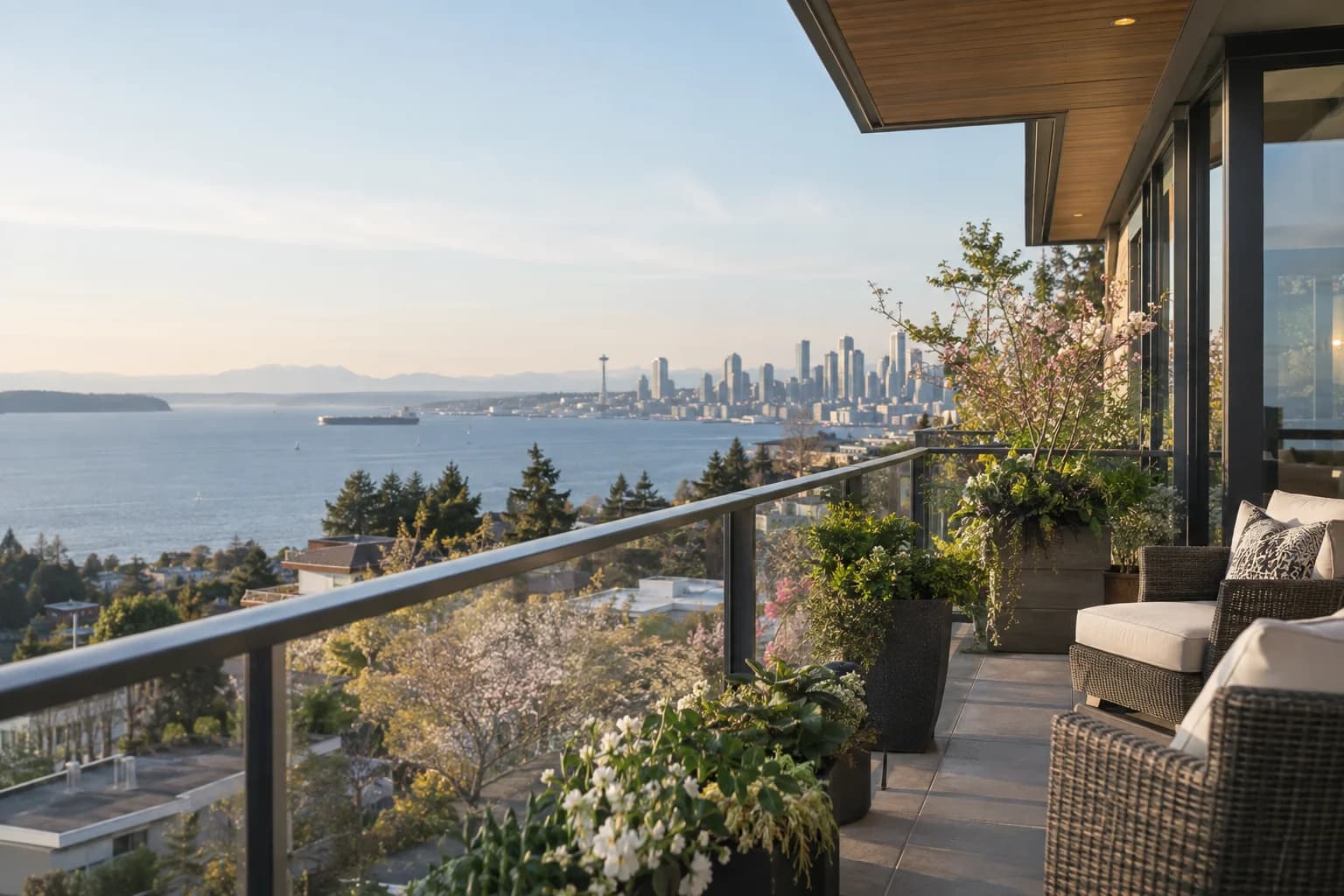 Private balcony detail with planters and a modest geographically correct view, not a broad lakefront terrace in Seattle — RexMont Real Estate