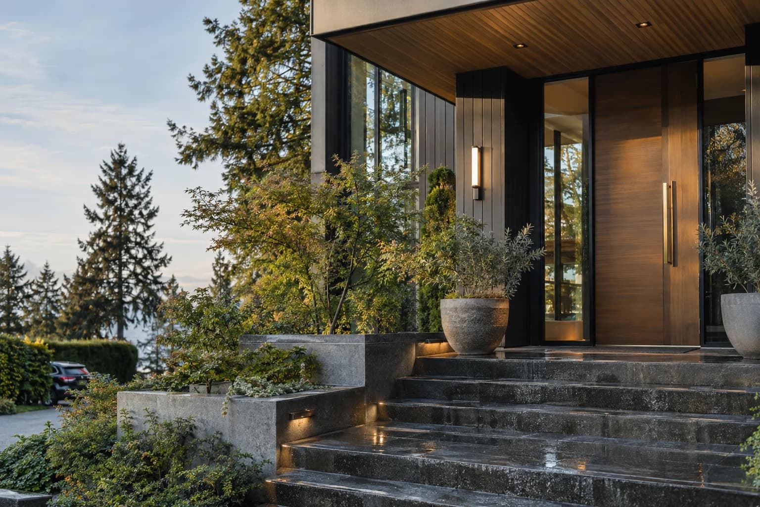 Close architectural entry detail with brass hardware, rain on slate steps in Bellevue — RexMont Real Estate