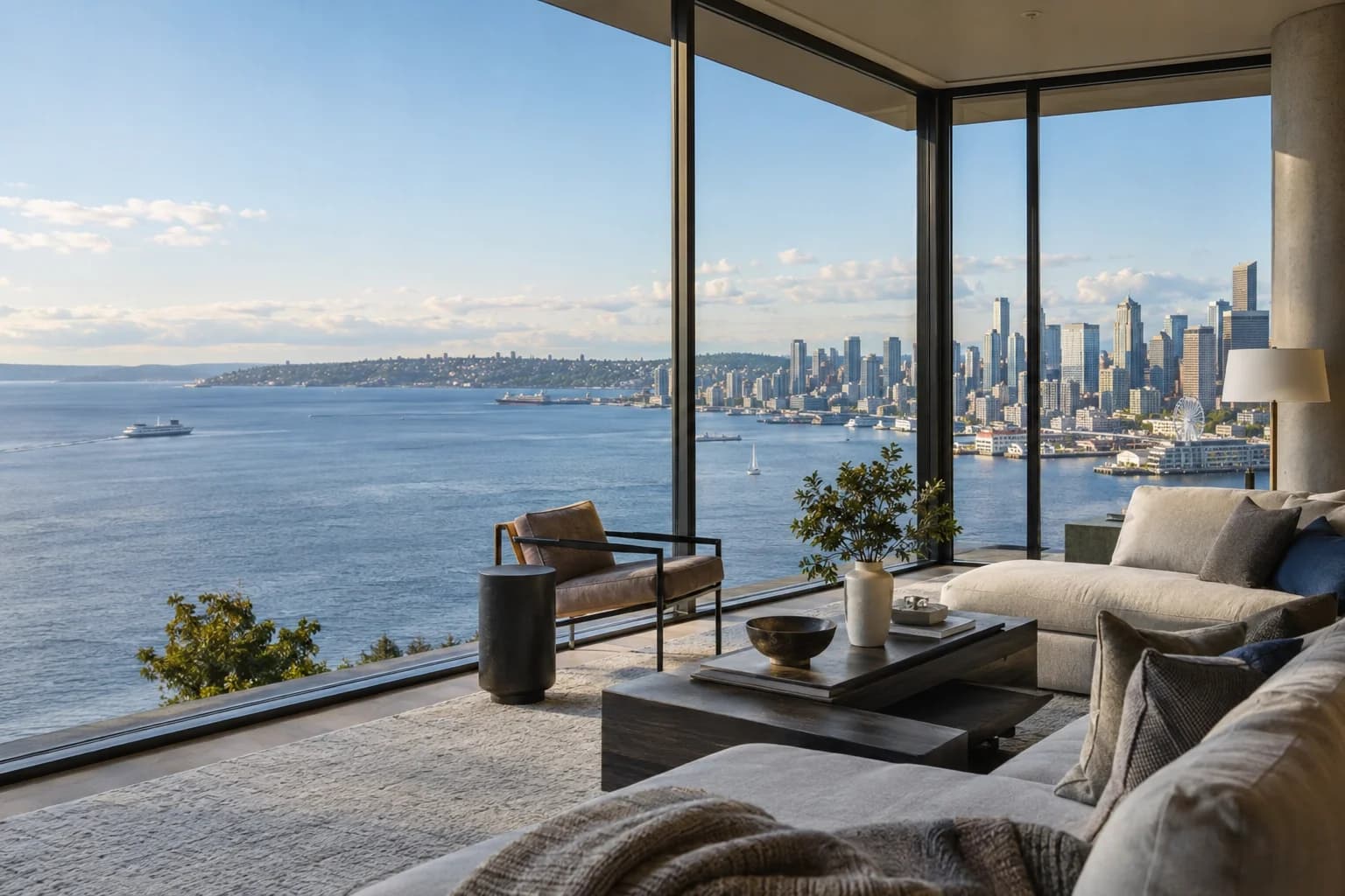 Glass corner-unit interior with refined furniture and abstract city lights in Seattle — RexMont Real Estate
