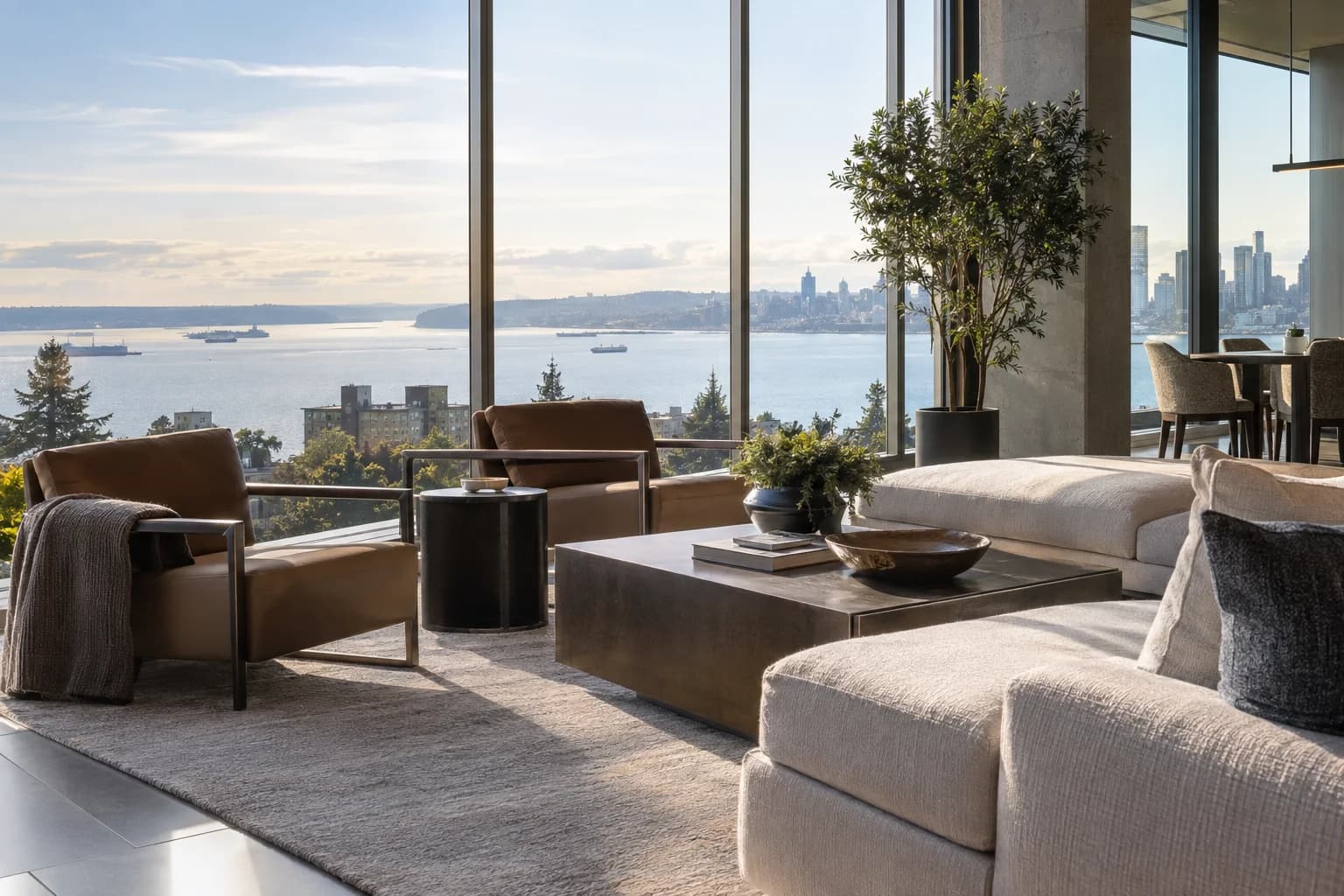 Amenity lounge with window wall and restrained city context in Seattle — RexMont Real Estate