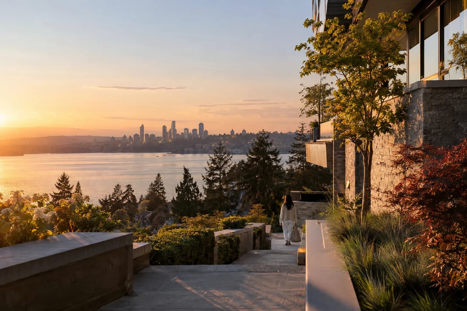 Urban high-rise street approach framed by trees and stone in Bellevue — RexMont Real Estate