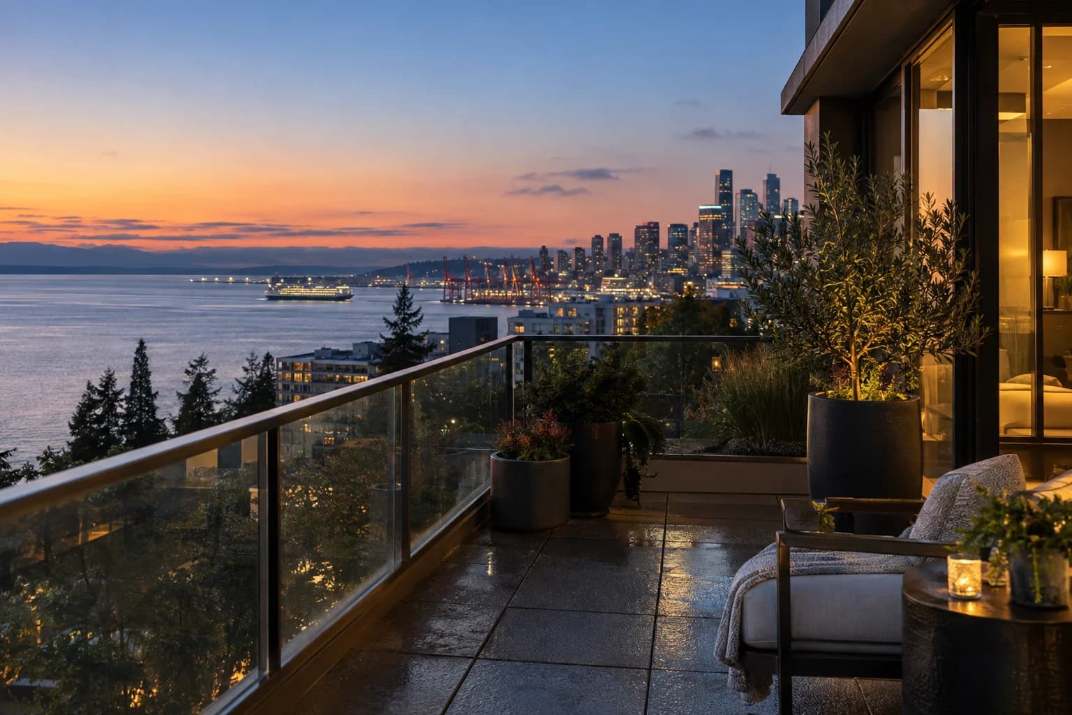Private balcony detail with planters and a modest geographically correct view, not a broad lakefront terrace in Seattle — RexMont Real Estate