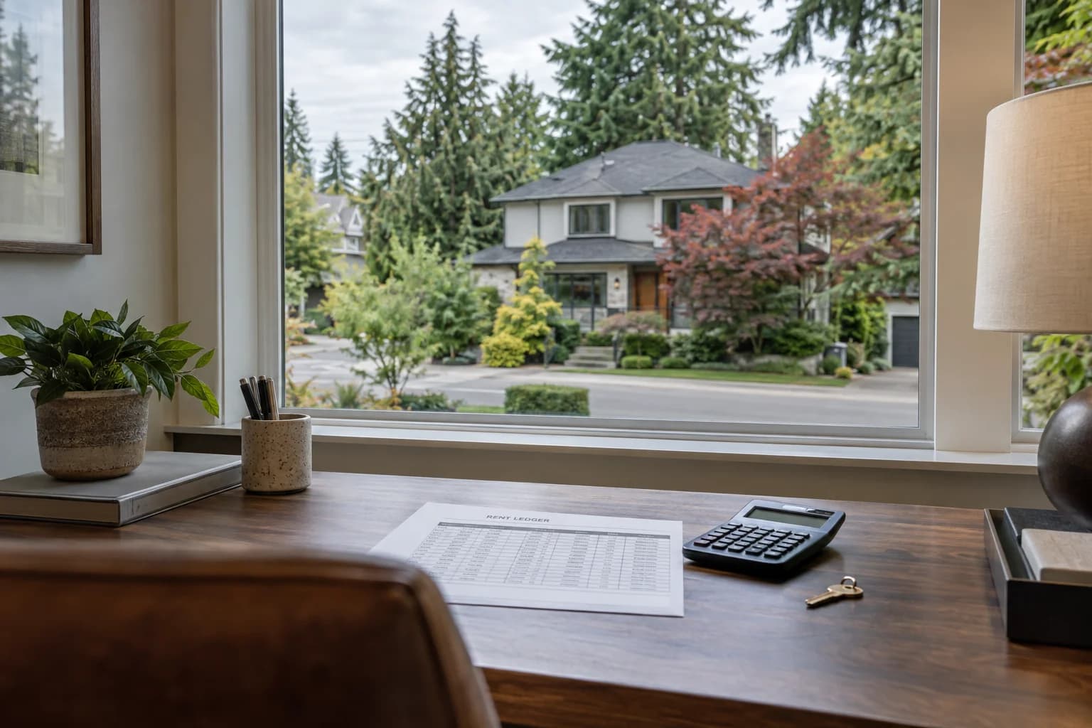 Owner's desk with a printed rent ledger, calculator and house key by a window looking onto a Bellevue single-family street — RexMont Real Estate