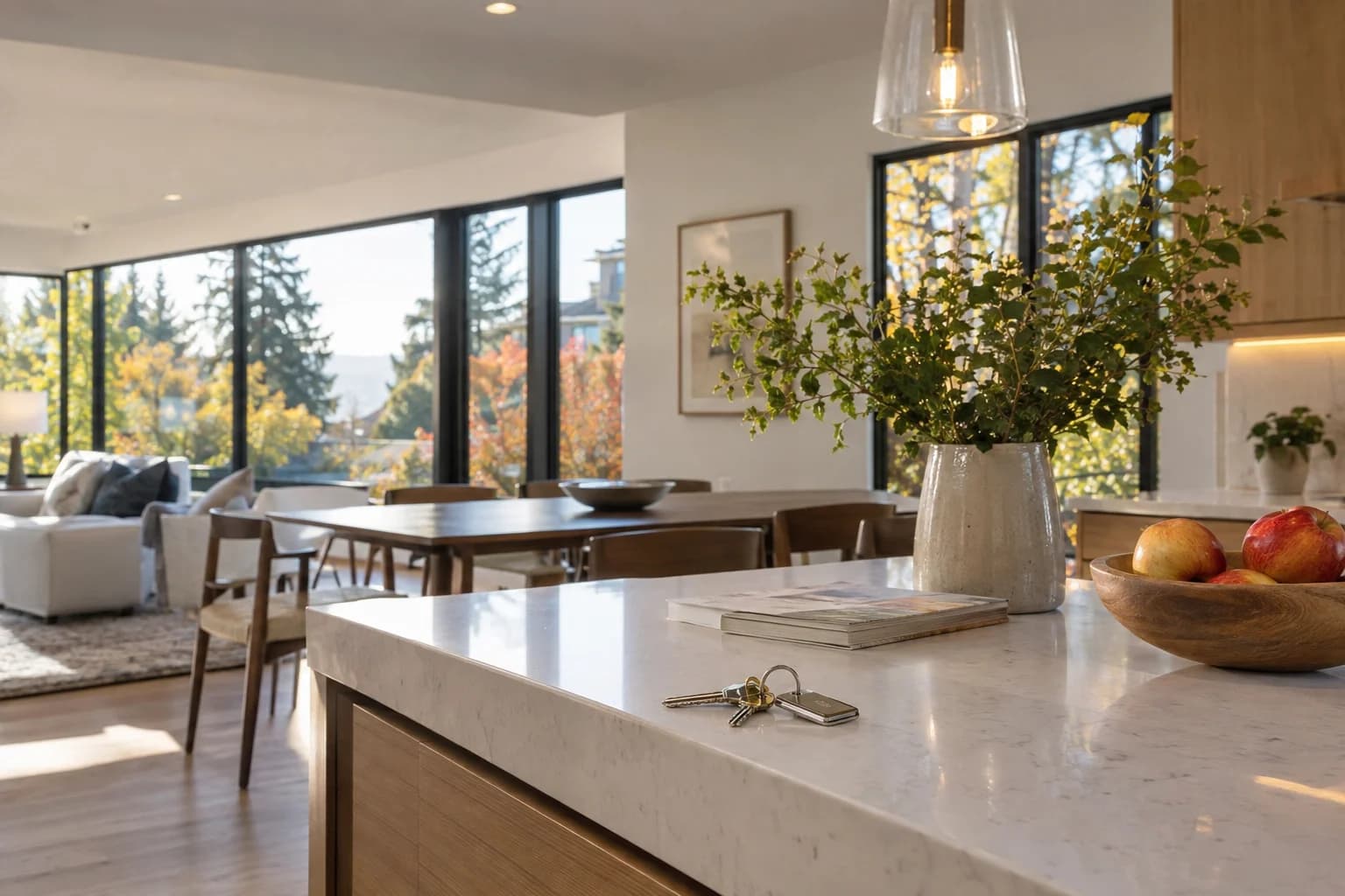Bright neutral kitchen leasing moment, keys on a quartz counter, rental-ready home in Seattle — RexMont Real Estate