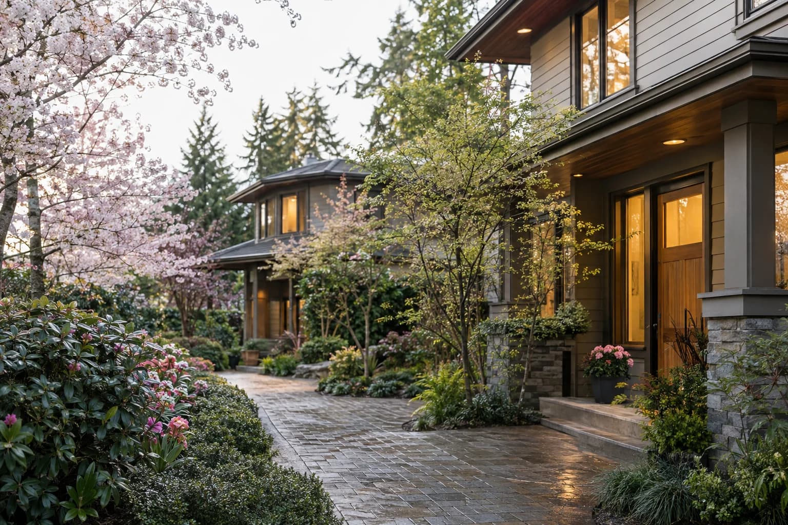 Tree-lined duplex courtyard with wet pavers and warm window light in Redmond — RexMont Real Estate
