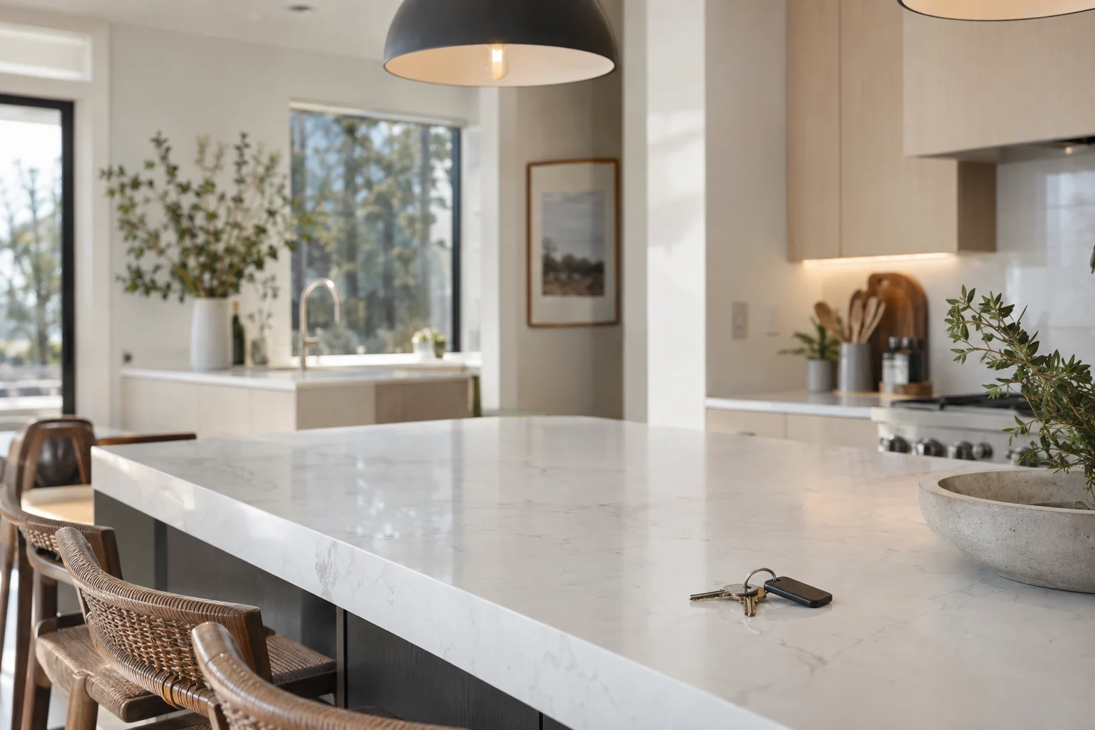 Bright neutral kitchen leasing moment, keys on a quartz counter, rental-ready home in Seattle — RexMont Real Estate