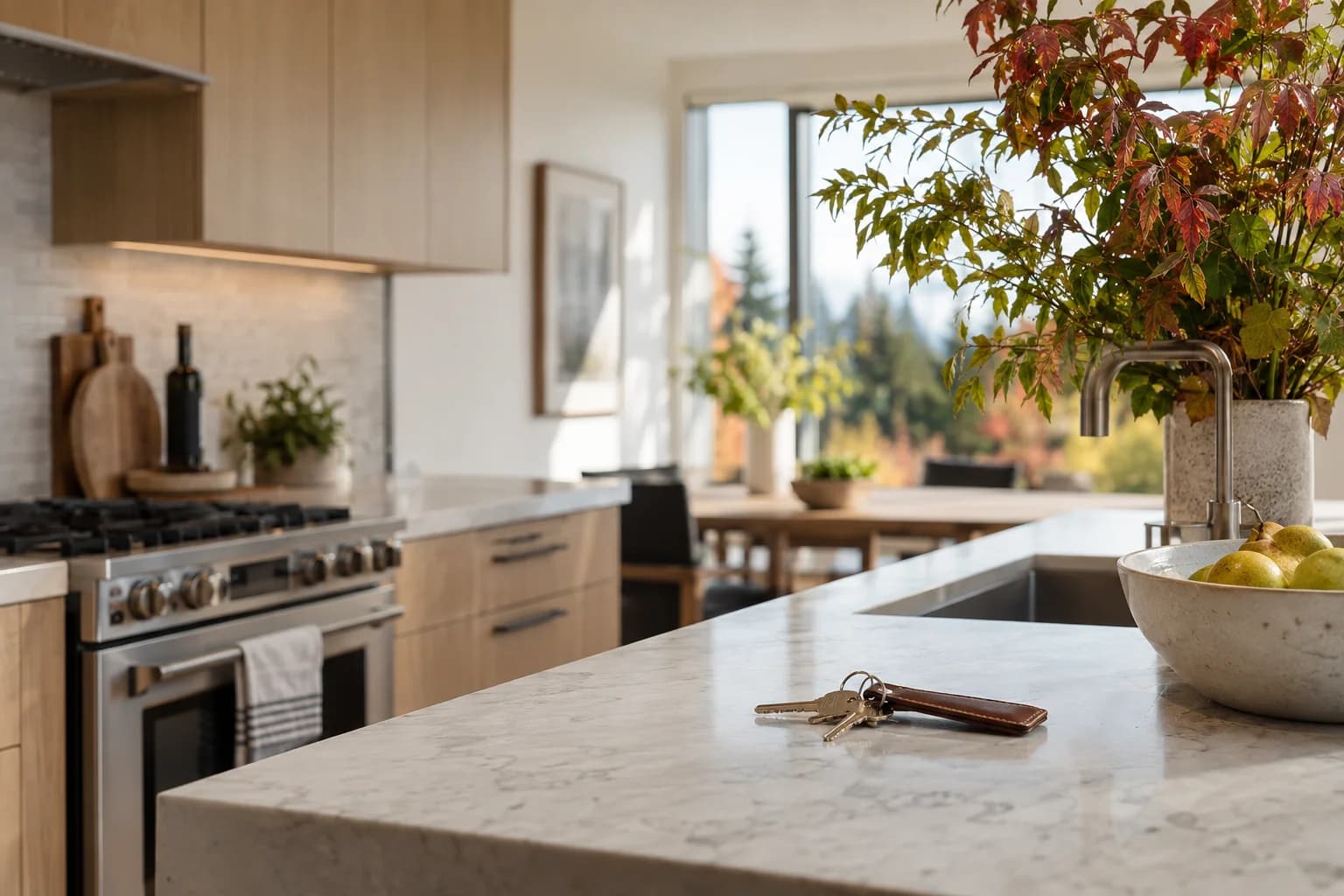 Bright neutral kitchen leasing moment, keys on a quartz counter, rental-ready home in Seattle — RexMont Real Estate