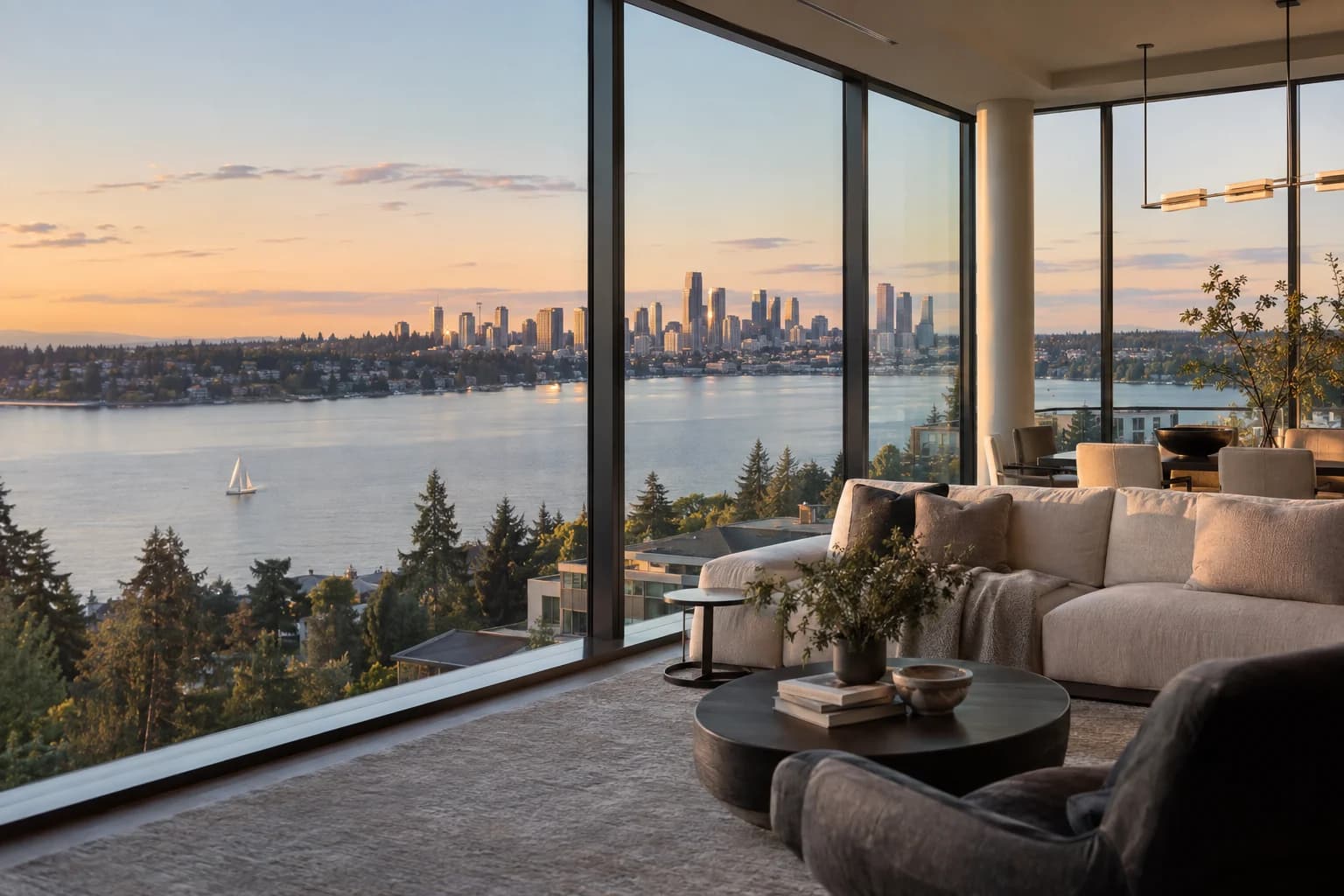 Glass corner-unit interior with refined furniture and abstract city lights in Bellevue — RexMont Real Estate