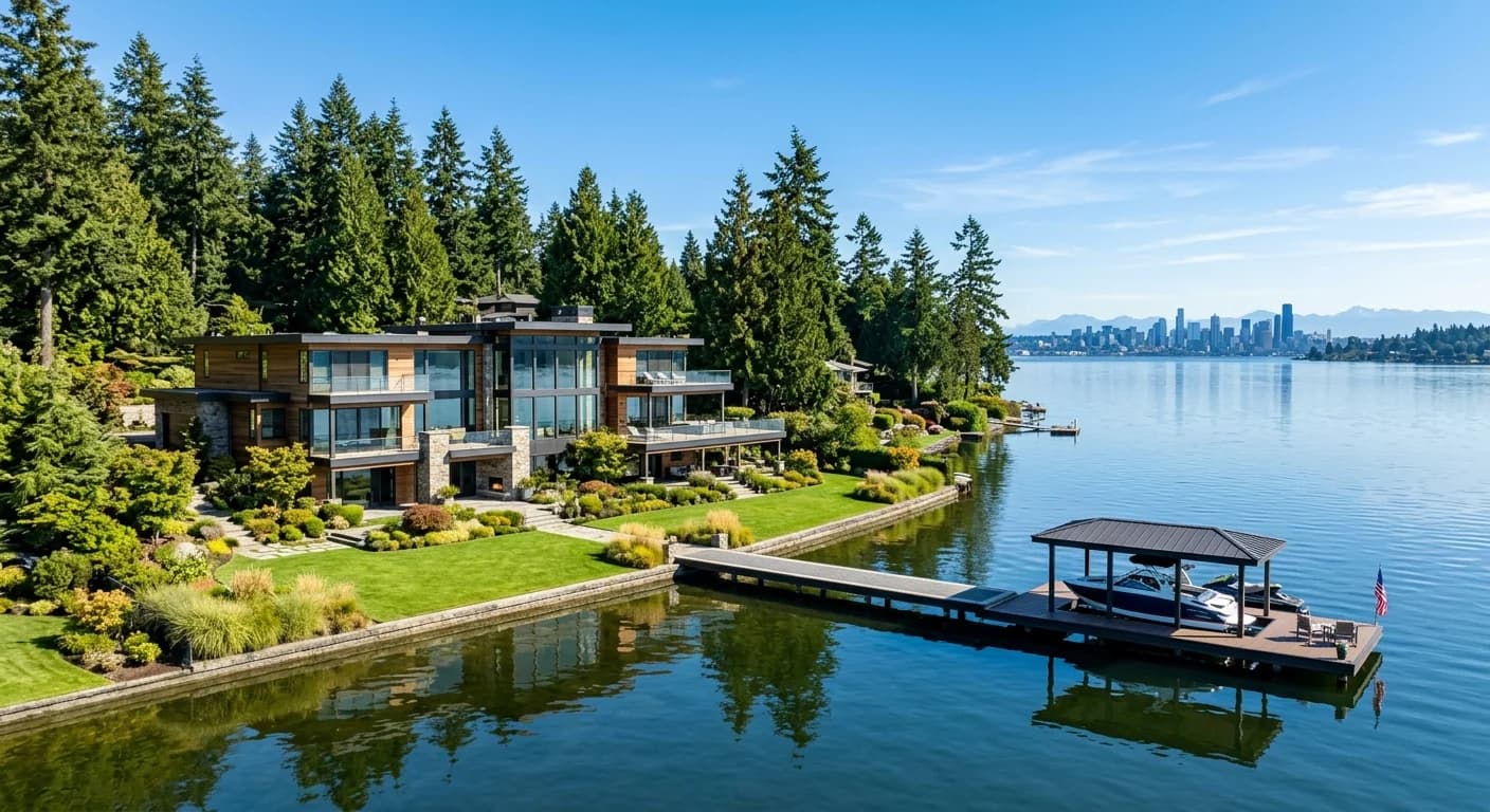 Bellevue luxury waterfront estate on Lake Washington under clear 2026 skies