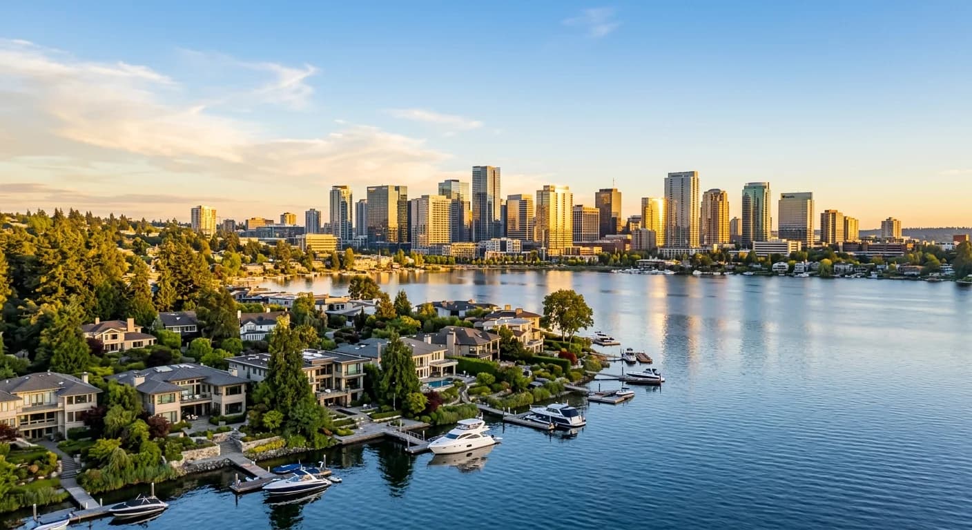 Downtown Bellevue skyline and luxury homes along Lake Washington representing the 2026 market