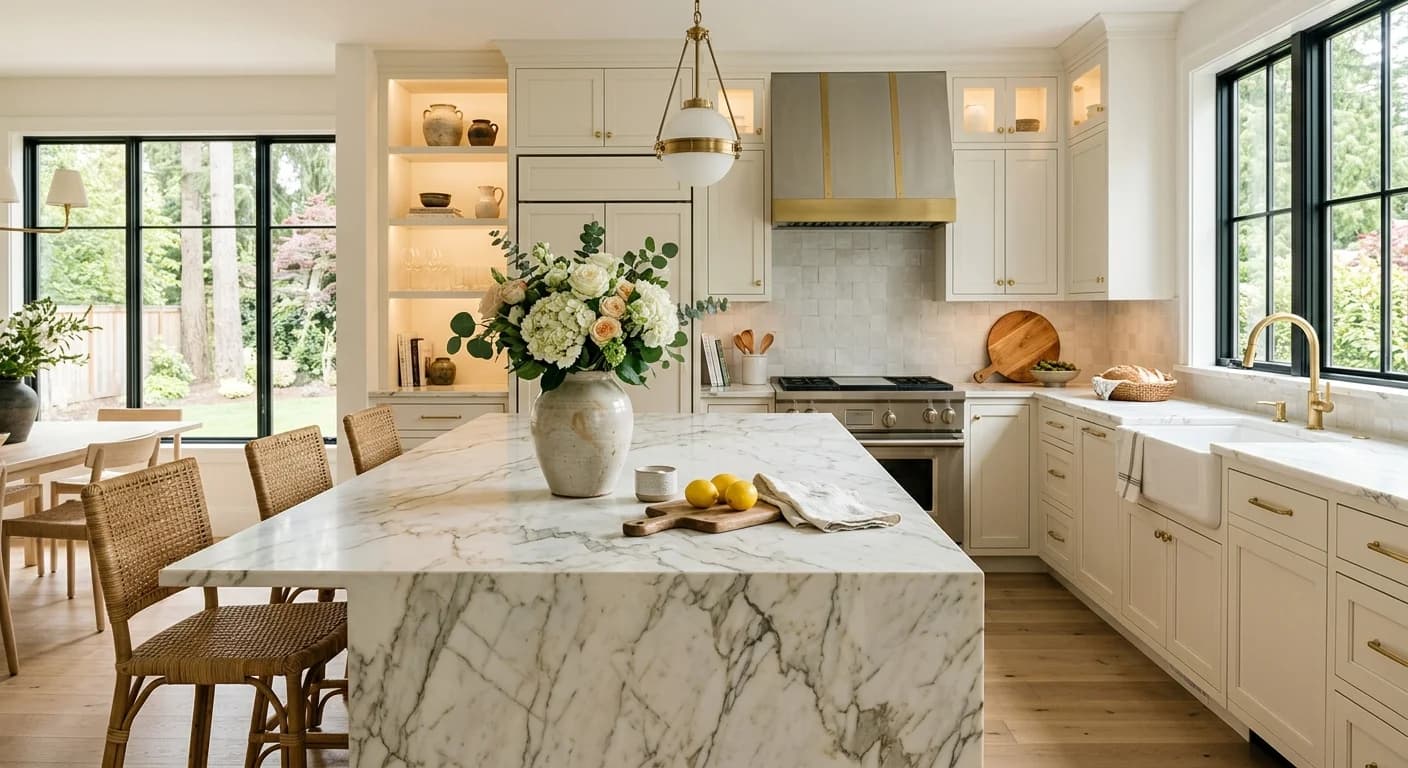 Detail of a staged Bellevue luxury kitchen with styled counters and natural light