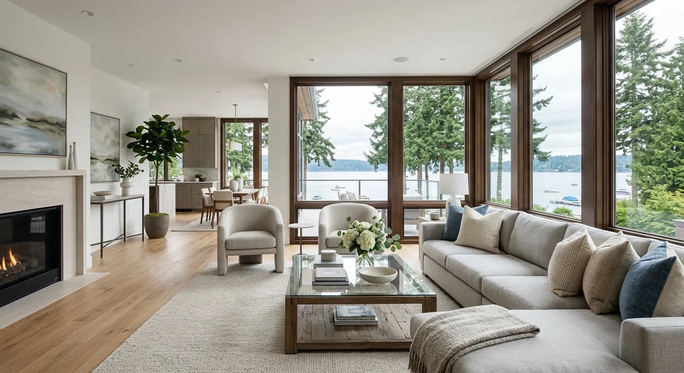Staged West Bellevue luxury living room prepared for a pre-listing photo shoot