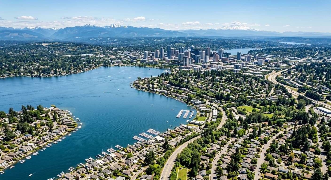 Aerial view of Bellevue and the Eastside along Lake Washington with neighborhoods spread toward the Cascades