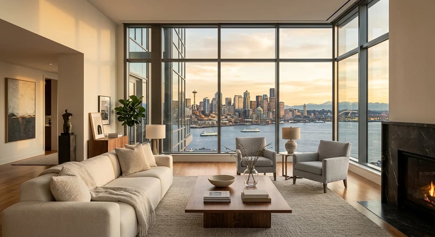 Luxury Seattle home interior with skyline and water views suited to a relocating executive