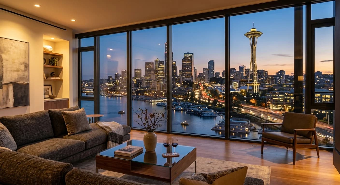 Seattle skyline and Lake Union at dusk viewed from a luxury home, framing an executive relocation