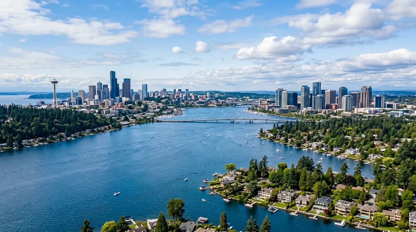 Split view of the Seattle skyline and Bellevue waterfront across Lake Washington