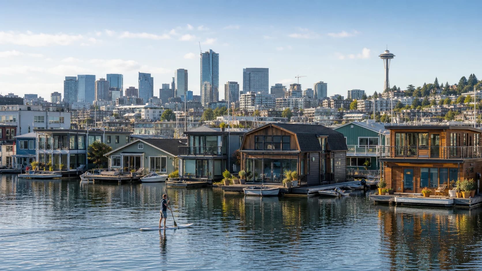South Lake Union Seattle floating home community with a paddle boarder and skyline views