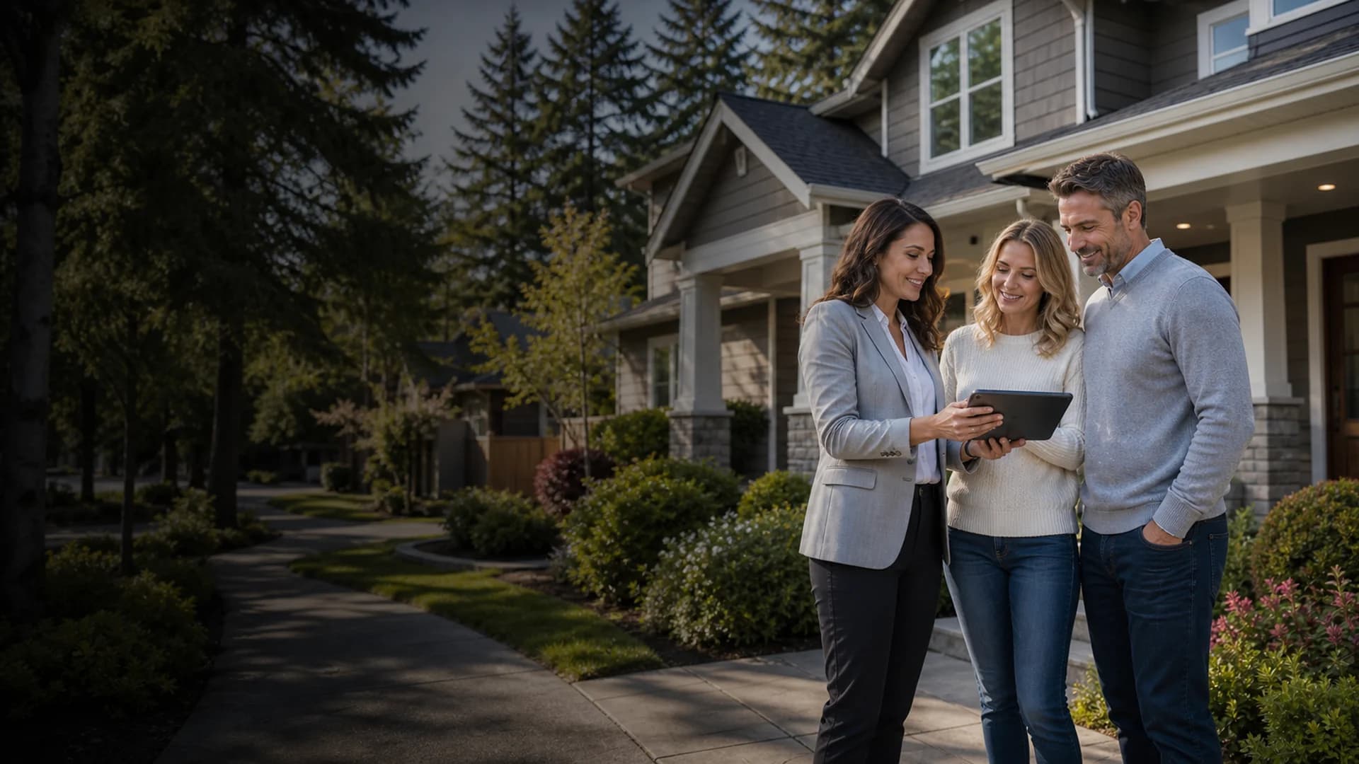 Bothell homeowners reviewing a selling strategy with a RexMont listing advisor outside a Pacific Northwest home