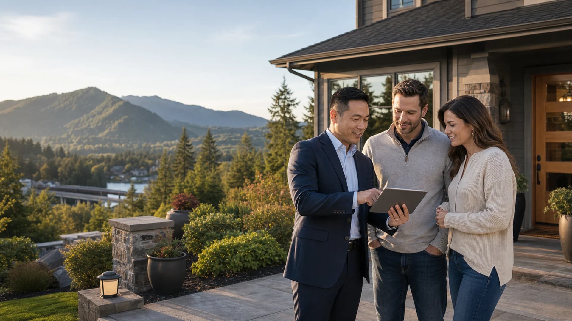 Issaquah homeowners reviewing a selling strategy with a RexMont listing specialist near the Cascade foothills