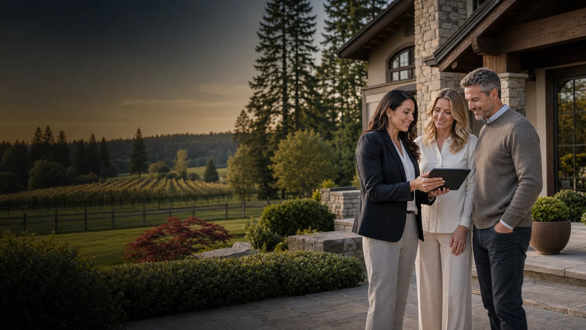 Woodinville homeowners reviewing a selling strategy with a RexMont listing advisor at a wine country estate
